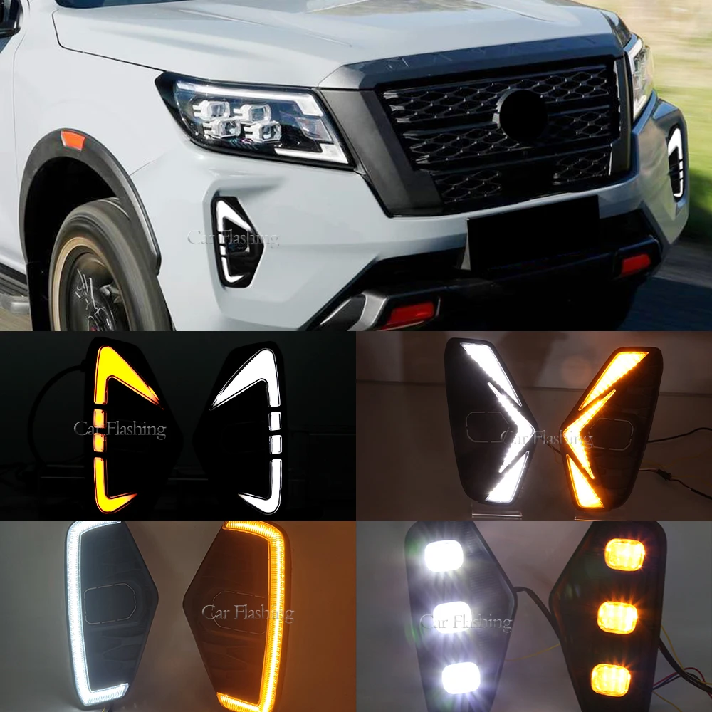 DRL Led Daytime Running Driving Fog Lamp Light For Nissan Navara NP300 Frontier 2020 2021 2022 2023Waterproof Turn Signal Yellow