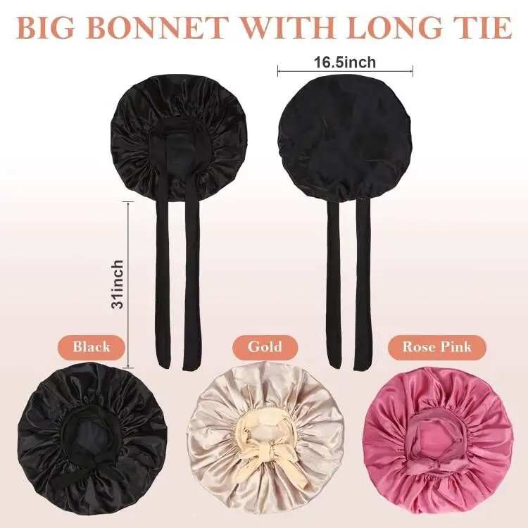 4Pcs Silk Bonnet for Sleeping, Satin Hair Bonnets for Sleeping Black Curly Hair Women Extra Large Jumbo Bonnet with Tie Band