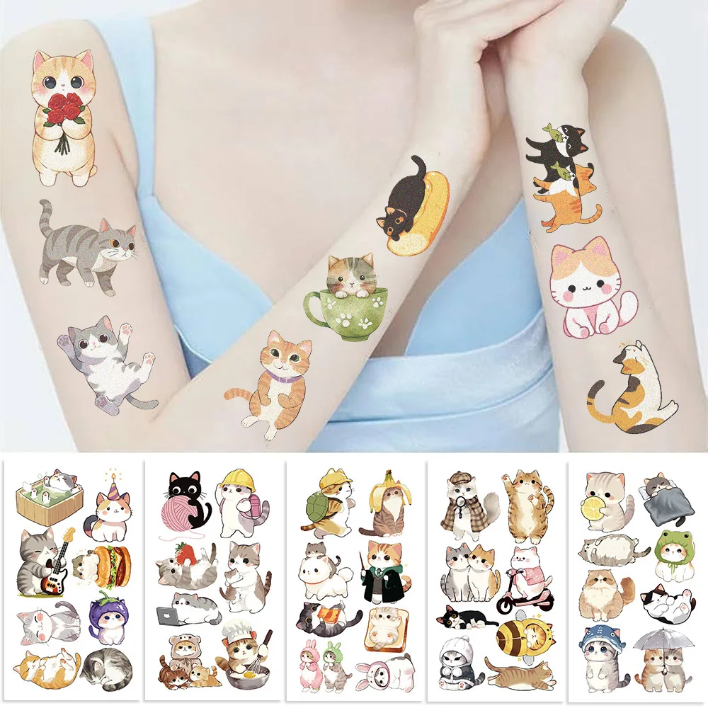 Pegatinas de tatuaje temporal de gato de dibujos animados para niños, lindo tatuaje impermeable para niños, regalo de cumpleaños divertido, 10 piezas por juego