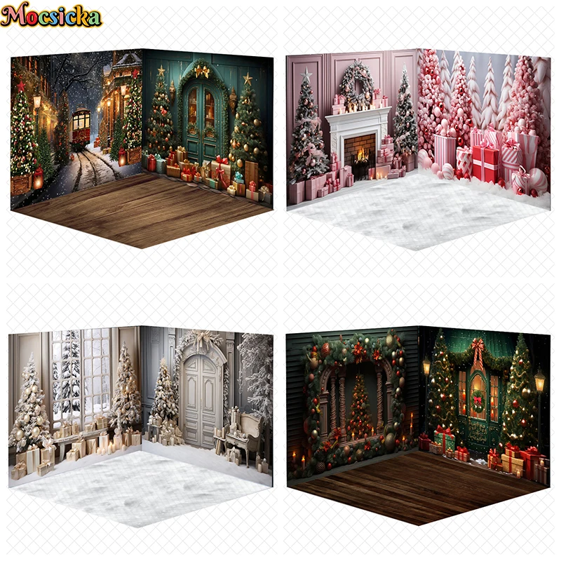 Mocsicka Christmas Tree Backgrounds For Photography Indoor Home Party Snow Gifts Shooting Props Room Decorations Backdrop Studio