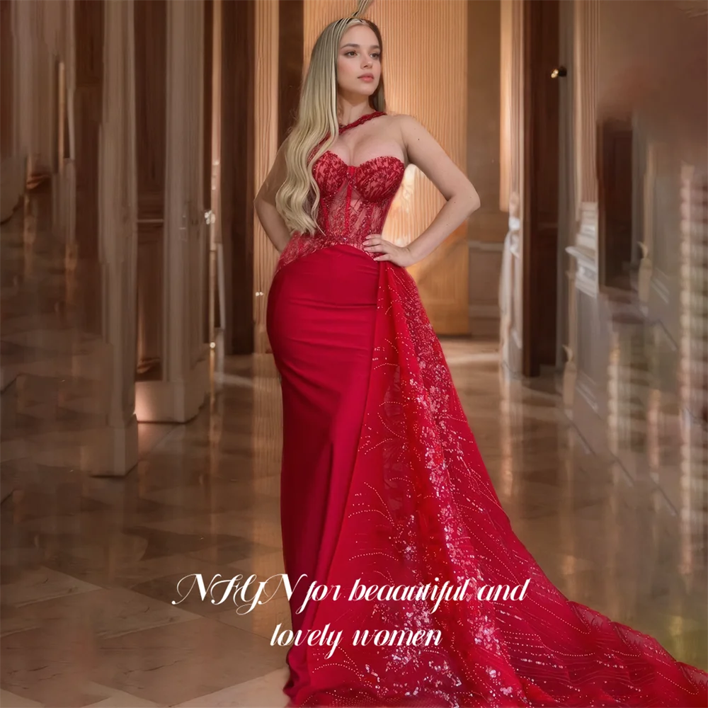 

NFYN Red Mermaid Shiny Strapless Party Dresses Stain Sleeveless Sweetheart Women's Evening Dresses With Appliques Customized