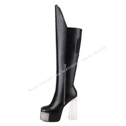 Abesire Black Square Toe Clear Heel Boots Strange Style Metal Toe Boots Chunky Shoes for Women High Heel Zapatos Para Mujere