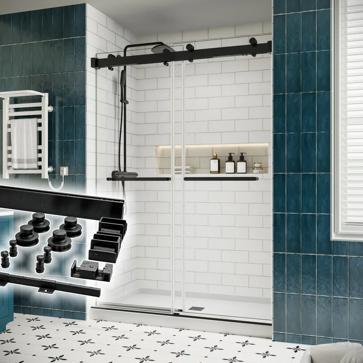 QW-210 Matt Black Hotel Project Bathroom Double Sliding Shower Doors System SUS304 Material Sliding Door System
