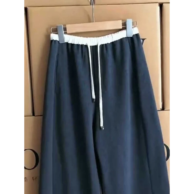 رمادي المرقعة الرباط عالية الخصر بنطال ذو قصة أرجل واسعة المرأة الربيع الصيف فلوي منحني هيم بنطلون