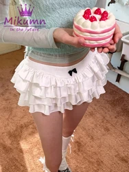 Harajuku Women Kawaii White Pink Black Cute Bow Ruffles Cake Mini Skirt Y2k Grunge Aesthetics Elastic Low Waist Pleated Skirt