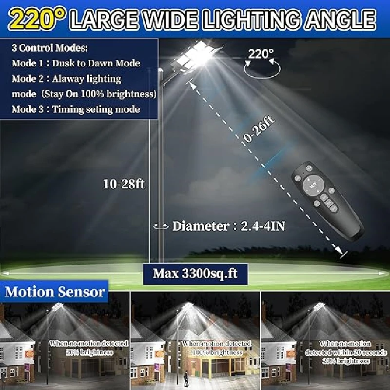 2000W Potente Lampada solare a LED a luce solare IP67 Lampioni stradali a energia 3000K-6500K Lampade con sensore di movimento impermeabili