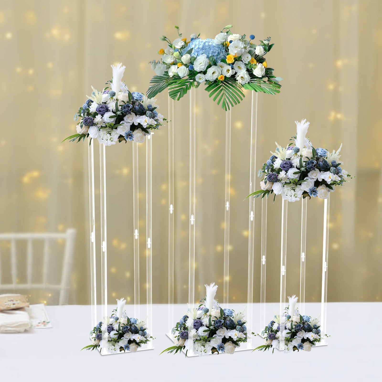 

3-Piece Acrylic Wedding Flower Stand Set, Modern Rectangular Floral Display Rack, 60cm 80cm 100cm Tiered Centerpiece Holder