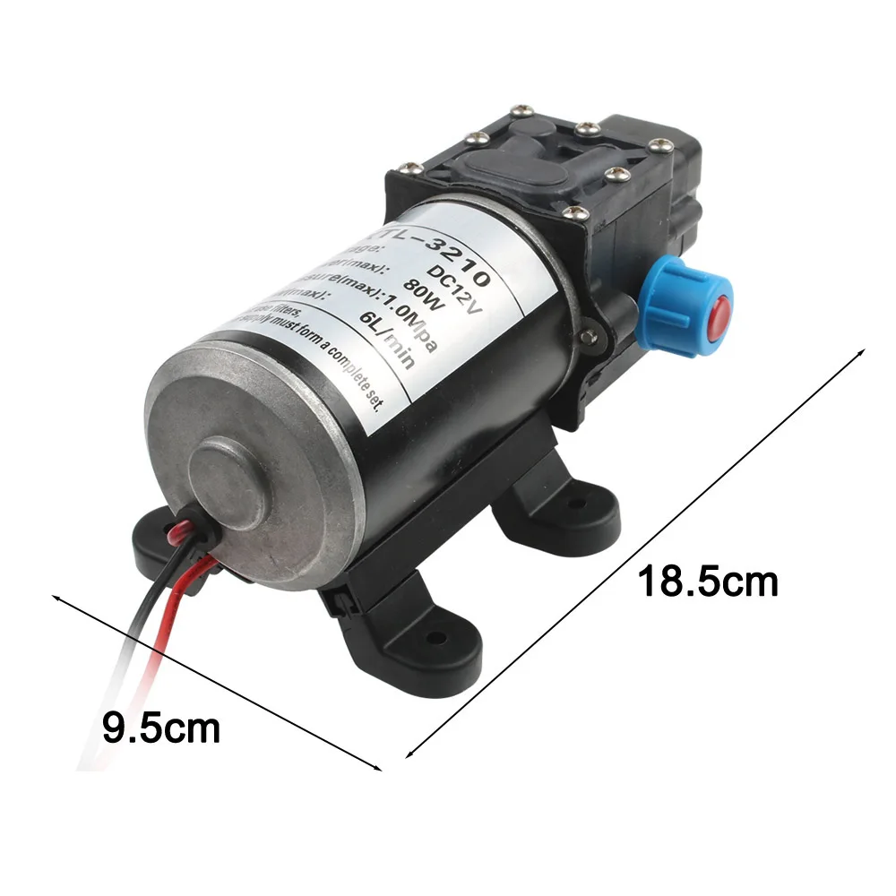 Bomba de diafragma de alta presión en miniatura, 12V, 80W, 6L/Min, con interruptor de presión, tipo bomba de CC multifunción