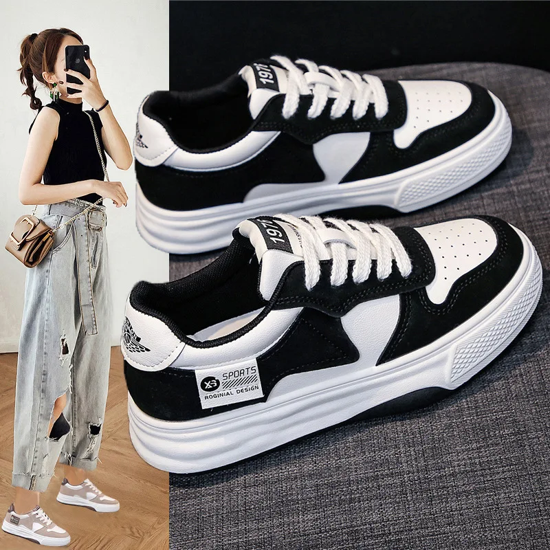 

Spring New Women's Vulcanized Sneakers Fashion Mixed Color Flat Lace-Up Anti-Slip Sports Shoes Casual Simple Platform Snowboard