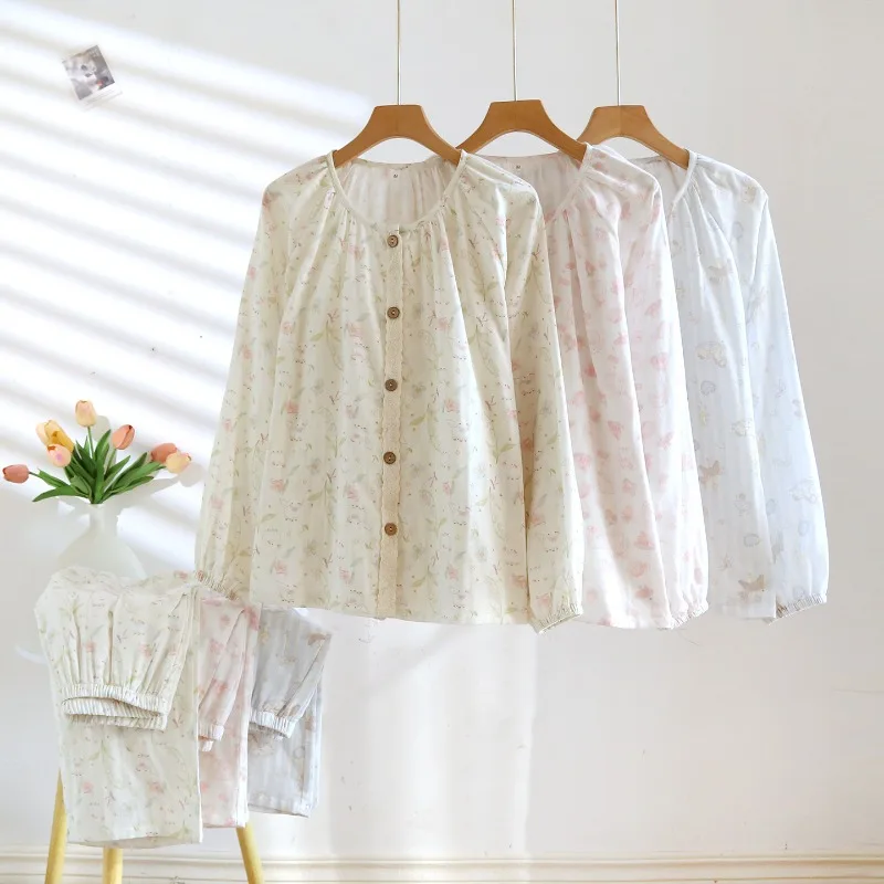 

Новый женский пижамный комплект Весна/Лето 2026 из 100% хлопковой марли: милая домашняя одежда с круглым вырезом, длинными рукавами и свободными брюками