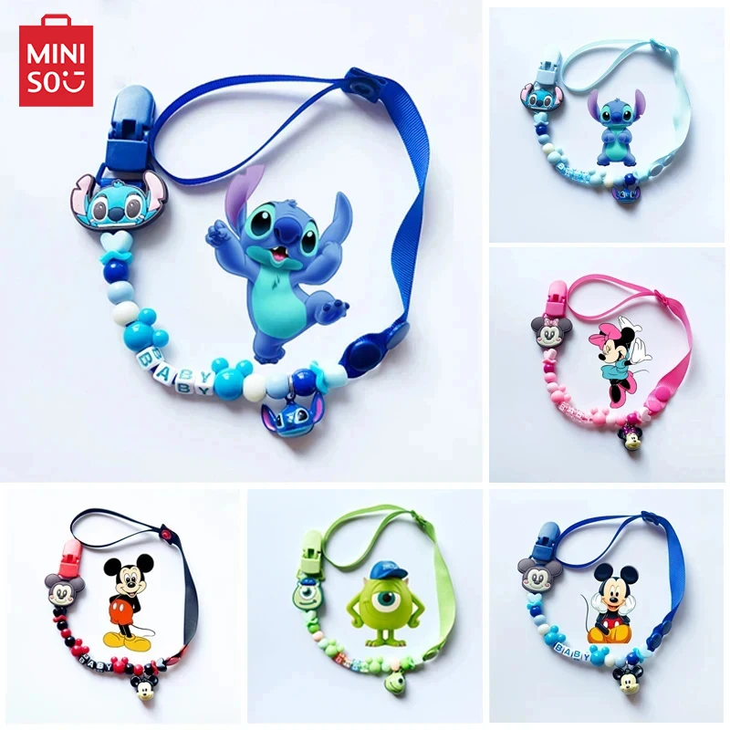 Disney Baby Bell Pacifier Clip Stitch Mickey Cartoon Figure Teether Chain Silicone Anti-drop Anti-lost Holder Molar Toy Kid Gift