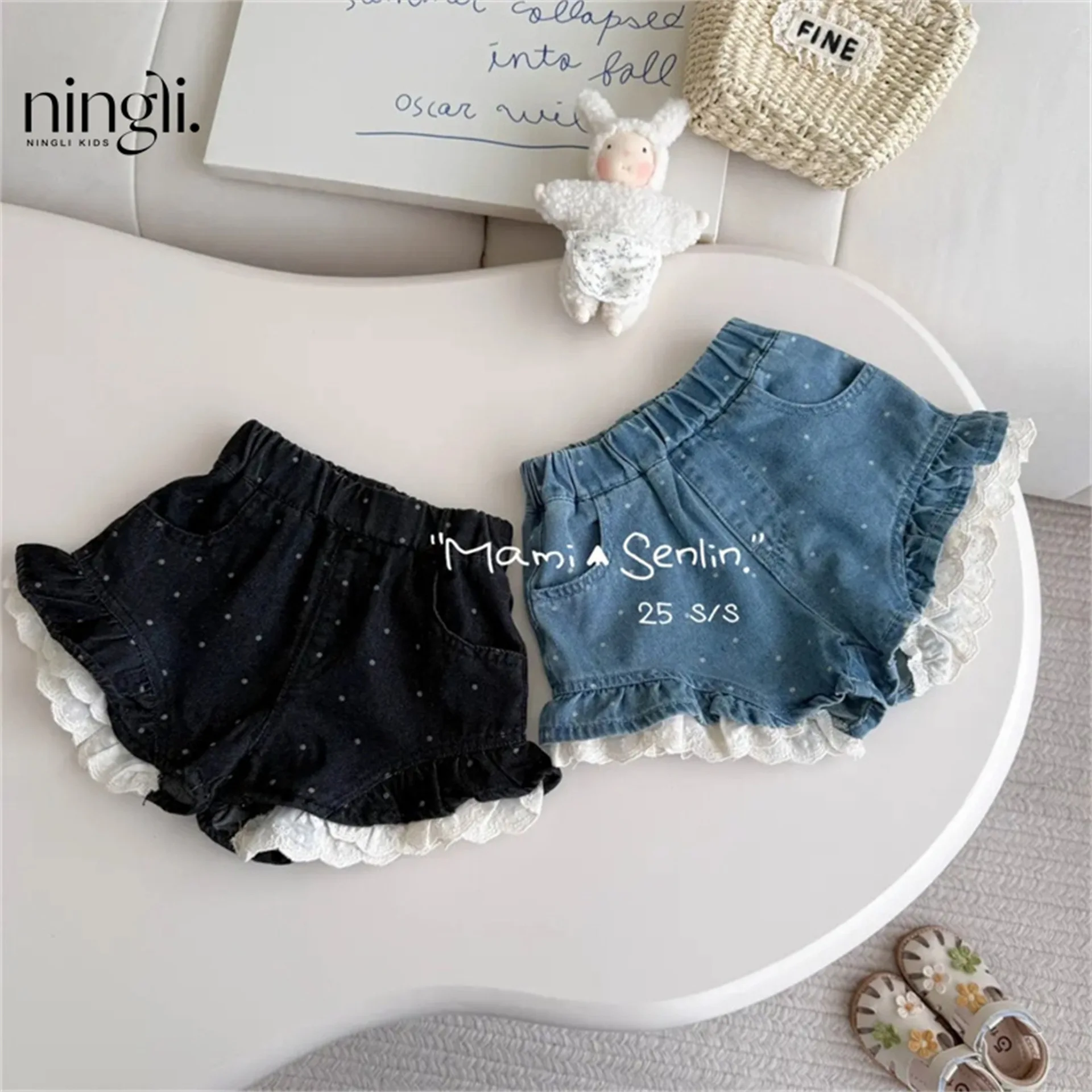 

2026 Summer New Children Denim Shorts Fashion Girls Cute Lace Polka Dot Shorts Kids Casual Shorts Toddler Clothes