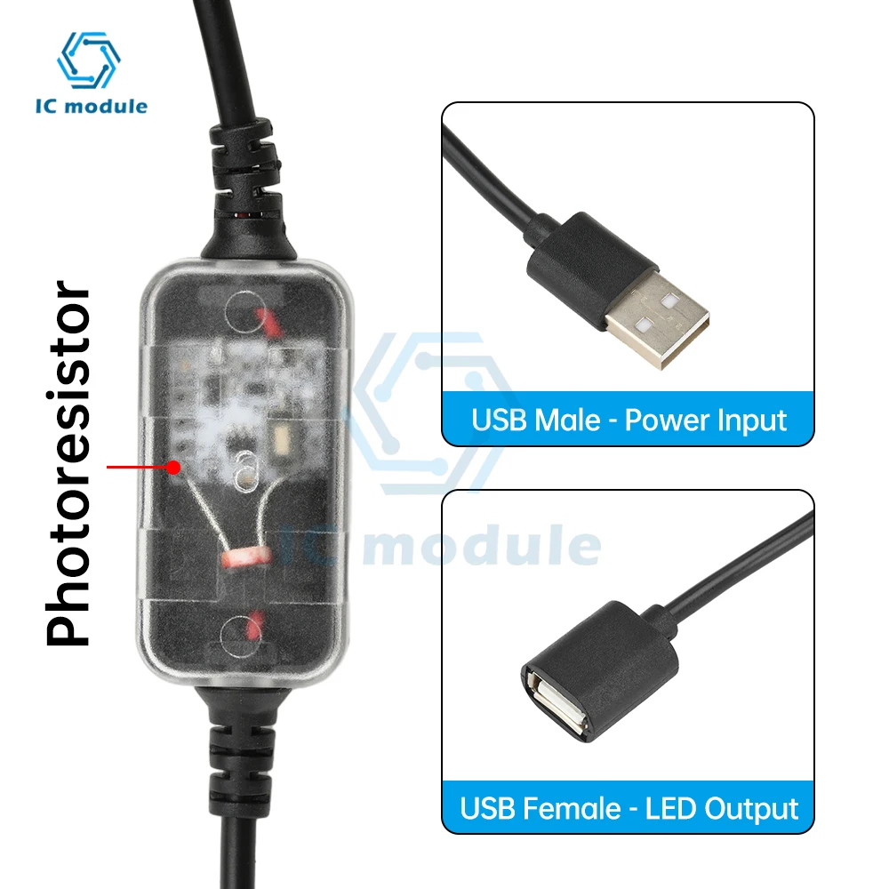Interruptor de Sensor de luz, interruptor de Sensor de Control de luz, Cable USB, Cable de Sensor de luz de encendido automático de día/noche para luces de techo, tira LED