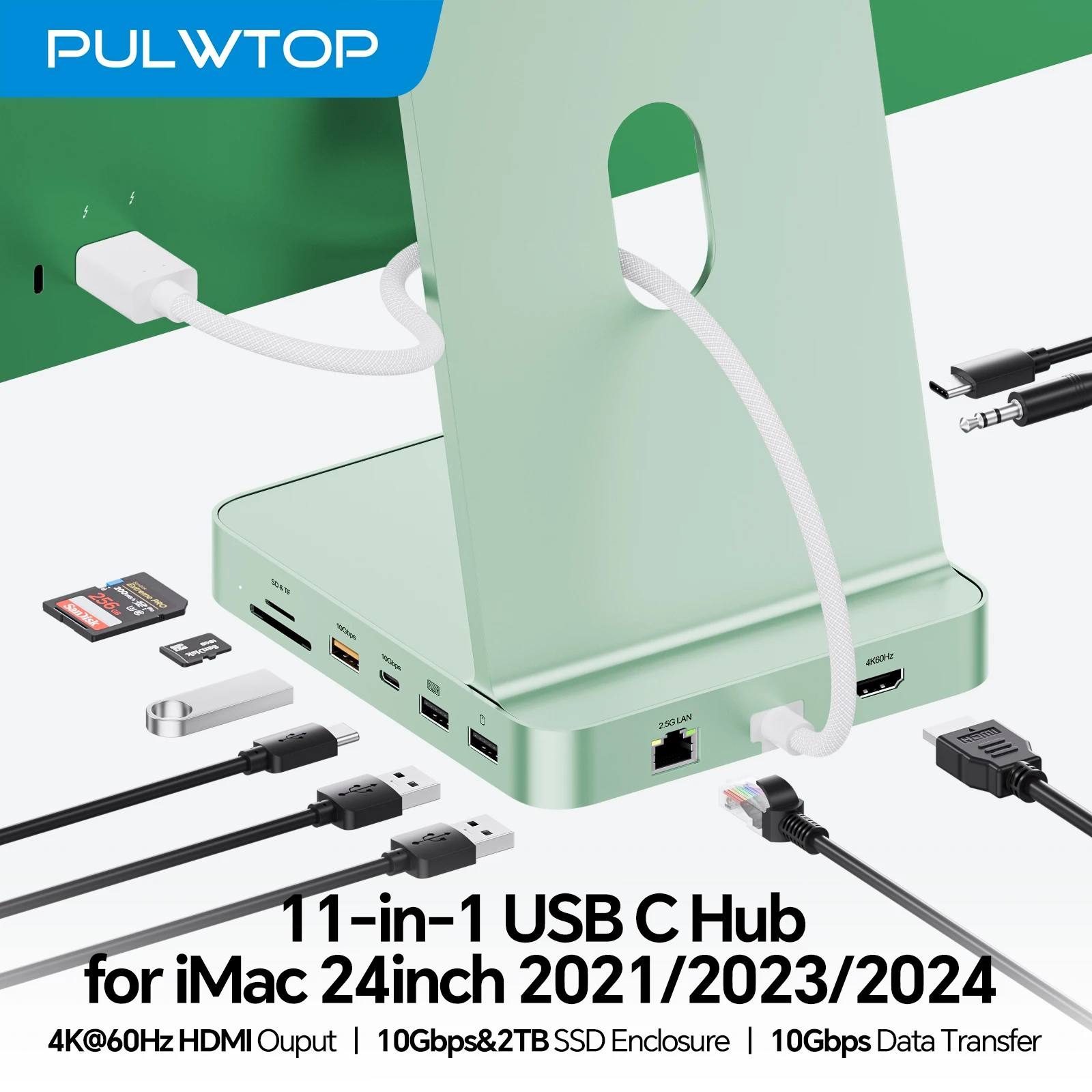 

Концентратор PULWTOP USB C для iMac 24 дюйма M1 M3 M4, SSD M.2 (НЕ входит в комплект) с 4K H, 2,5G Ethernet, USB A/C Макс. 10 Гбит/с, SD/TF