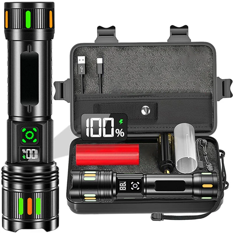 Lampes de poche super puissantes, lampe de poche LED rechargeable de type C, torche tactique à affichage numérique pour le camping, la randonnée, la pêche, lanterne