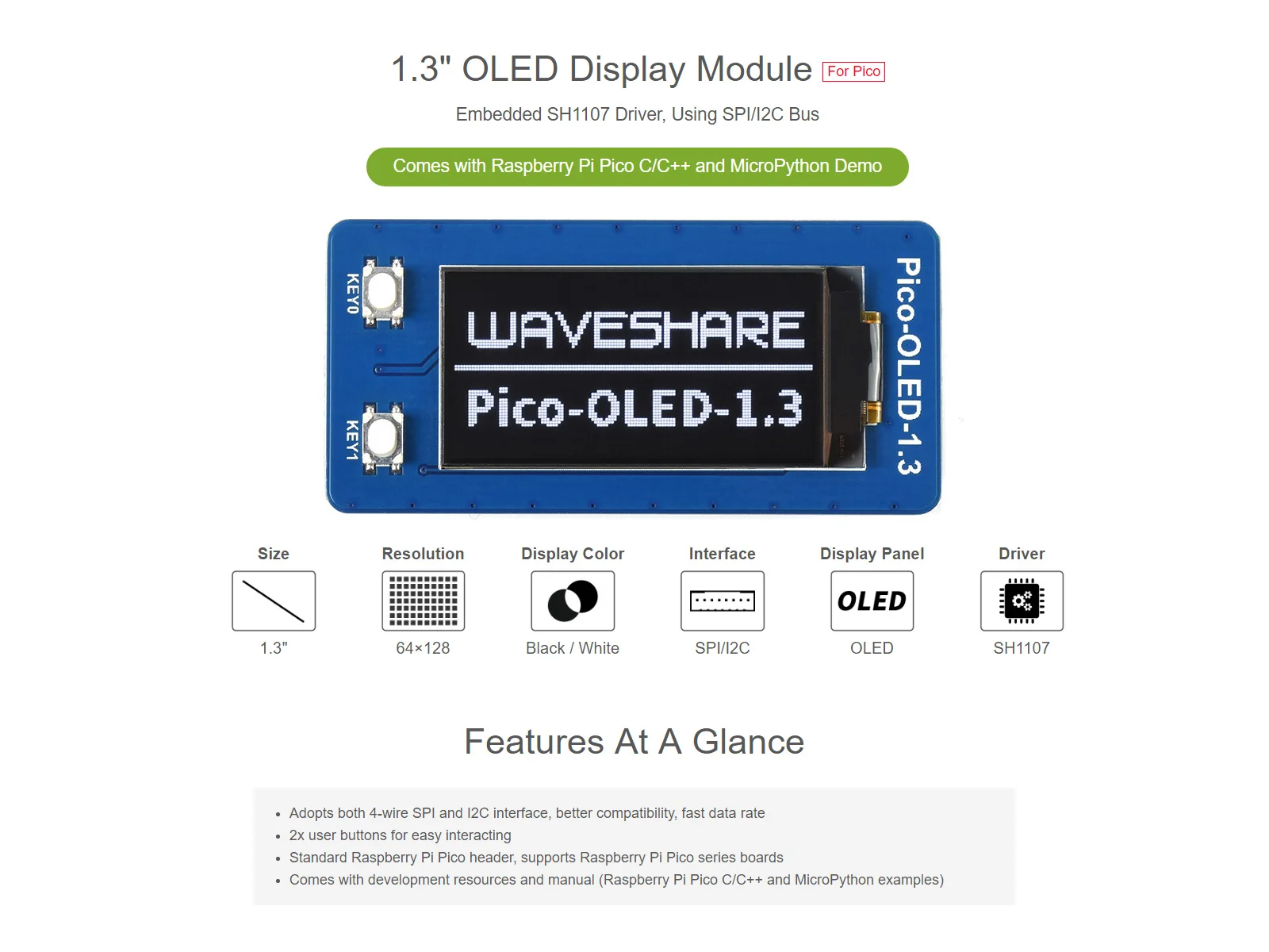 Waveshare 1,3-calowy moduł wyświetlacza OLED dla Raspberry Pi Pico 64*128 SPI/I2C