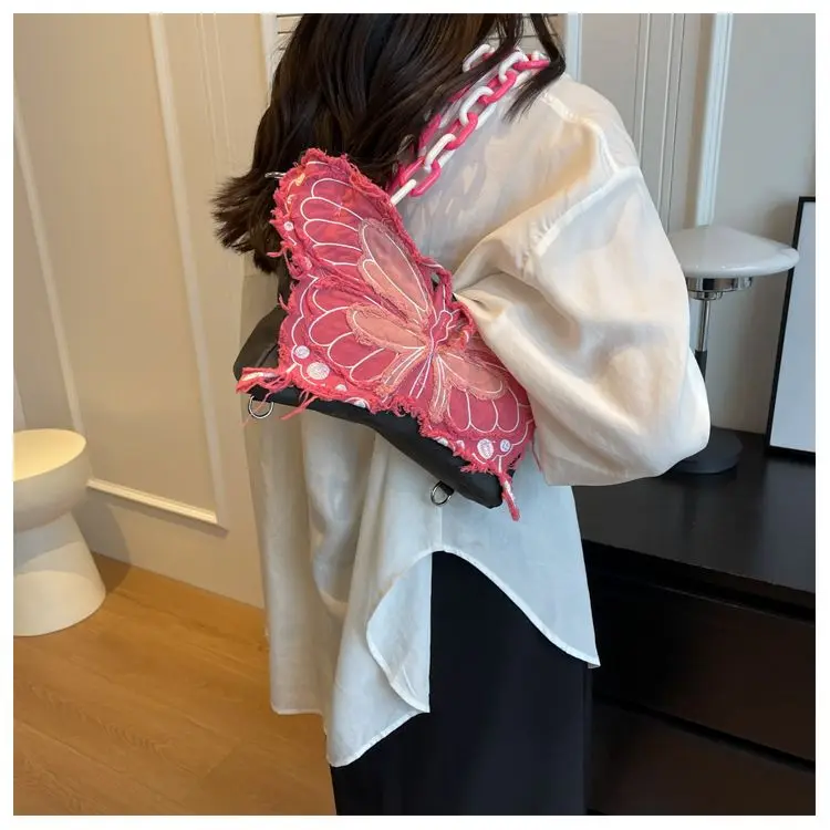 Cool Girl Underarm Bag  Bow Knot Beauty Pink Butterfly Handheld Crossbody Chain Bag  Lady Style Denim Tassel Y2K Shoulder Bag