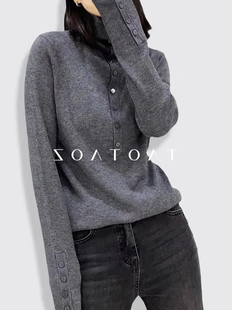 الخريف عالية الياقة زر تصميم مريح لون نقي طويل Sve محبوك الصوفية عارضة بسيطة أعلى سترة تريكو