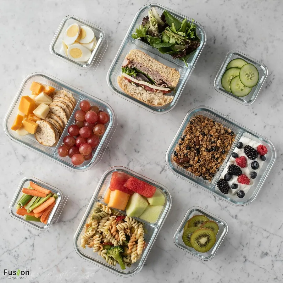 حاويات إعداد الوجبات الزجاجية من Fusion Gourmet مع أغطية [8 عبوات 33 أونصة 4.5 أونصة] صناديق بينتو زجاجية مقسمة مكونة من حجرتين للبالغين