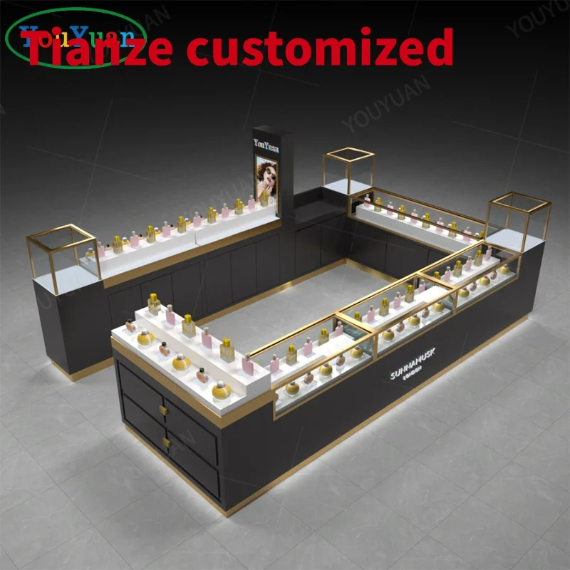 (Customized) luxury jewelry microfiber display showcase perfume shop kiosk Dubai perfumes kiosk perfume display cabinet with lig