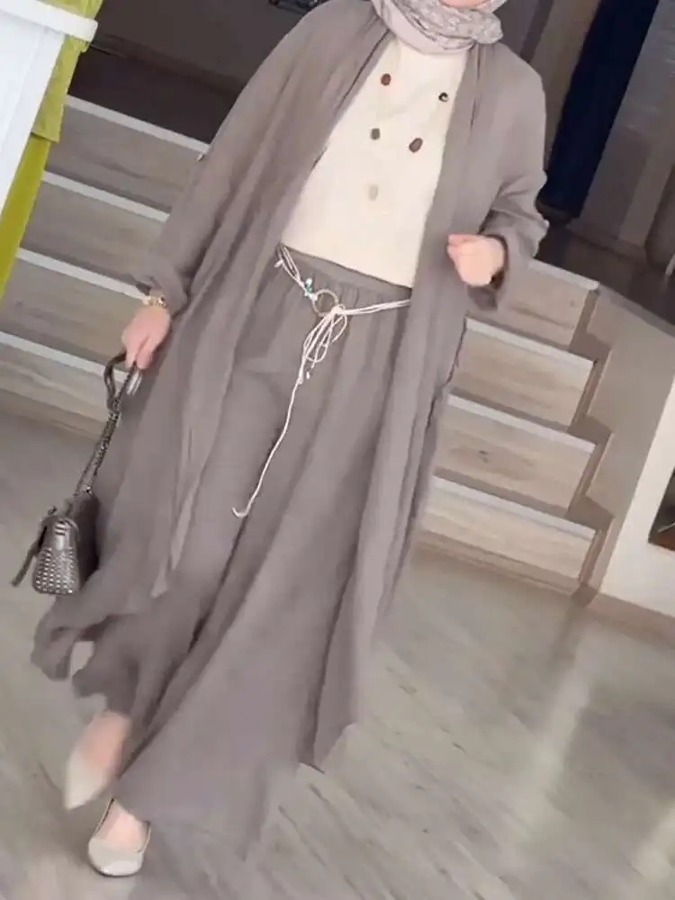 Maxi camisas de manga larga de 2 piezas + pantalones de pierna ancha Eid mujeres musulmanas conjuntos elegantes Abaya Dubai Turquía Tops casuales islámicos traje sólido