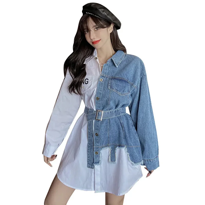 Fashion Design Sense Denim Splicing Shirt Women\'s Blouse Elegant Spring Summer Autumn Long Sleeved Shirt Coat Denim Outerwear