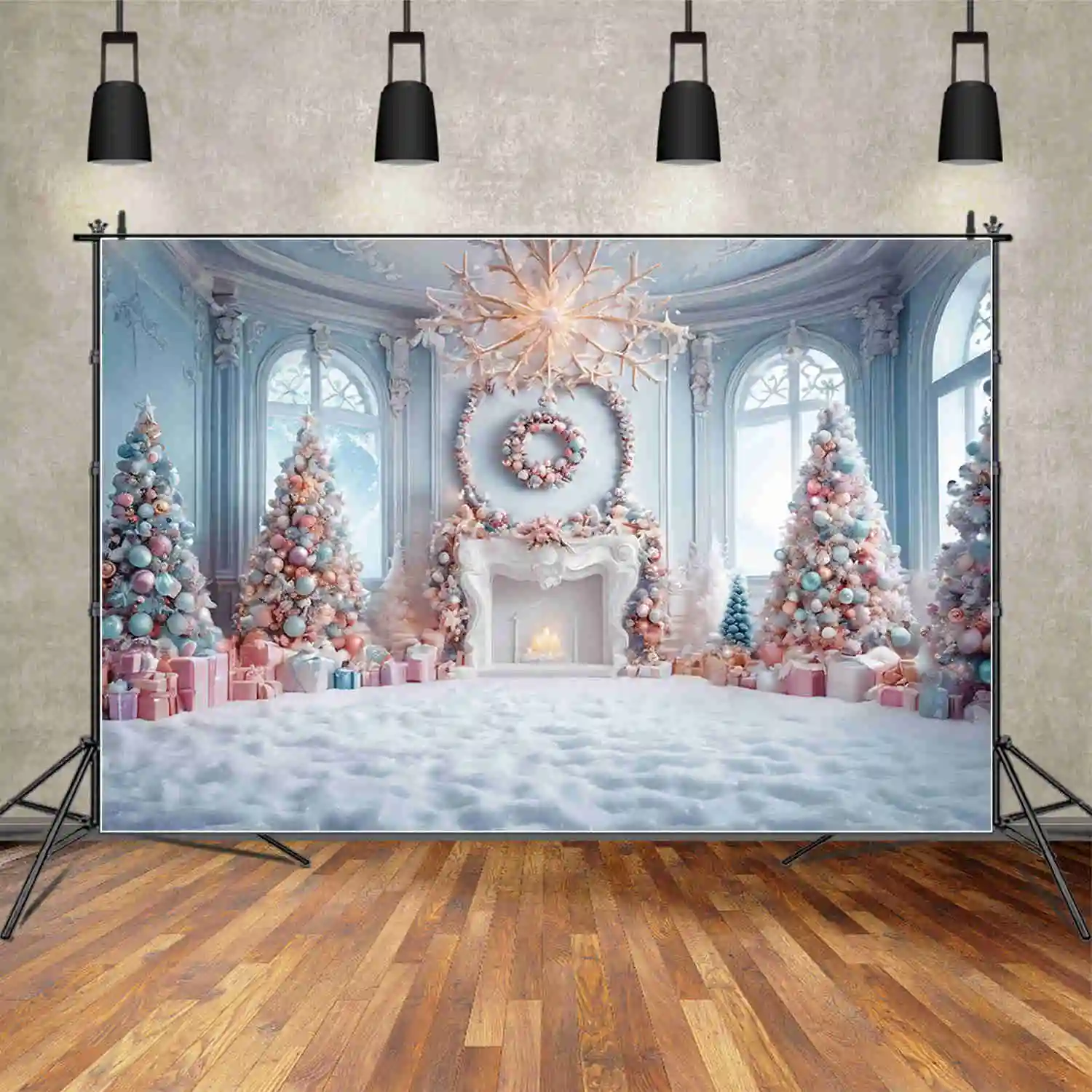 MOON.QG Christmas Tree Backgrounds Living Room Curtain Fireplace Blue Indoor Backdrops Party Decoration Photography Supplies