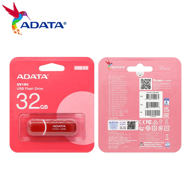 Adata 100% Originele Pen Drive Uv150 Usb 32Gb 64Gb Rode Geheugenstick Lezen Tot 100 Mb/s Usb 3.2 Flash Drive Voor Dektop Laptop