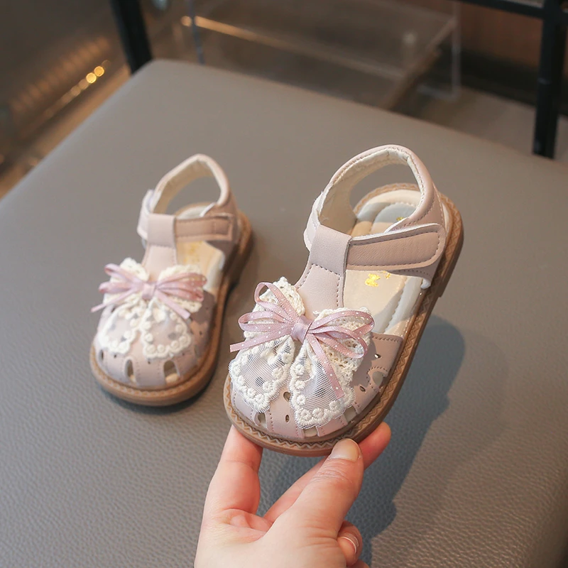 2026 New Girls' Beige Toe-Cap Sandals, Lace Bow Velcro Soft Sole Non-Slip Children's Shoes, Summer Cute Princess Shoes 16-26 view 2
