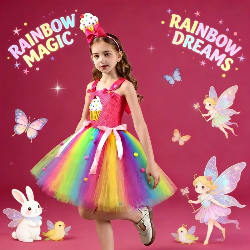 

Rainbow Cake Princess Tutu Dress Fluffy Tulle Party Outfit for Birthday Holiday Wedding Pageant Stage Performance Wear Cute