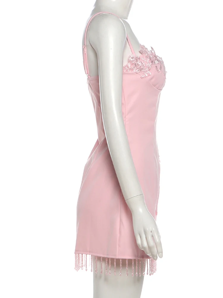 Weird Puss Perlen-Quastenkleid für Damen mit Blumenapplikationen, tiefem Ausschnitt, ärmellos, figurbetont, süß, elegant, für Strandpartys, klassisches Mini-Bodycon-Kleid – Detail 4