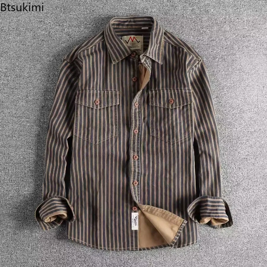 2025 Spring and Autumn New Fashion Retro Woven Striped Cargo Shirt Men's Comfort 100% Cotton Washed Double Pockets Shirt Jacket