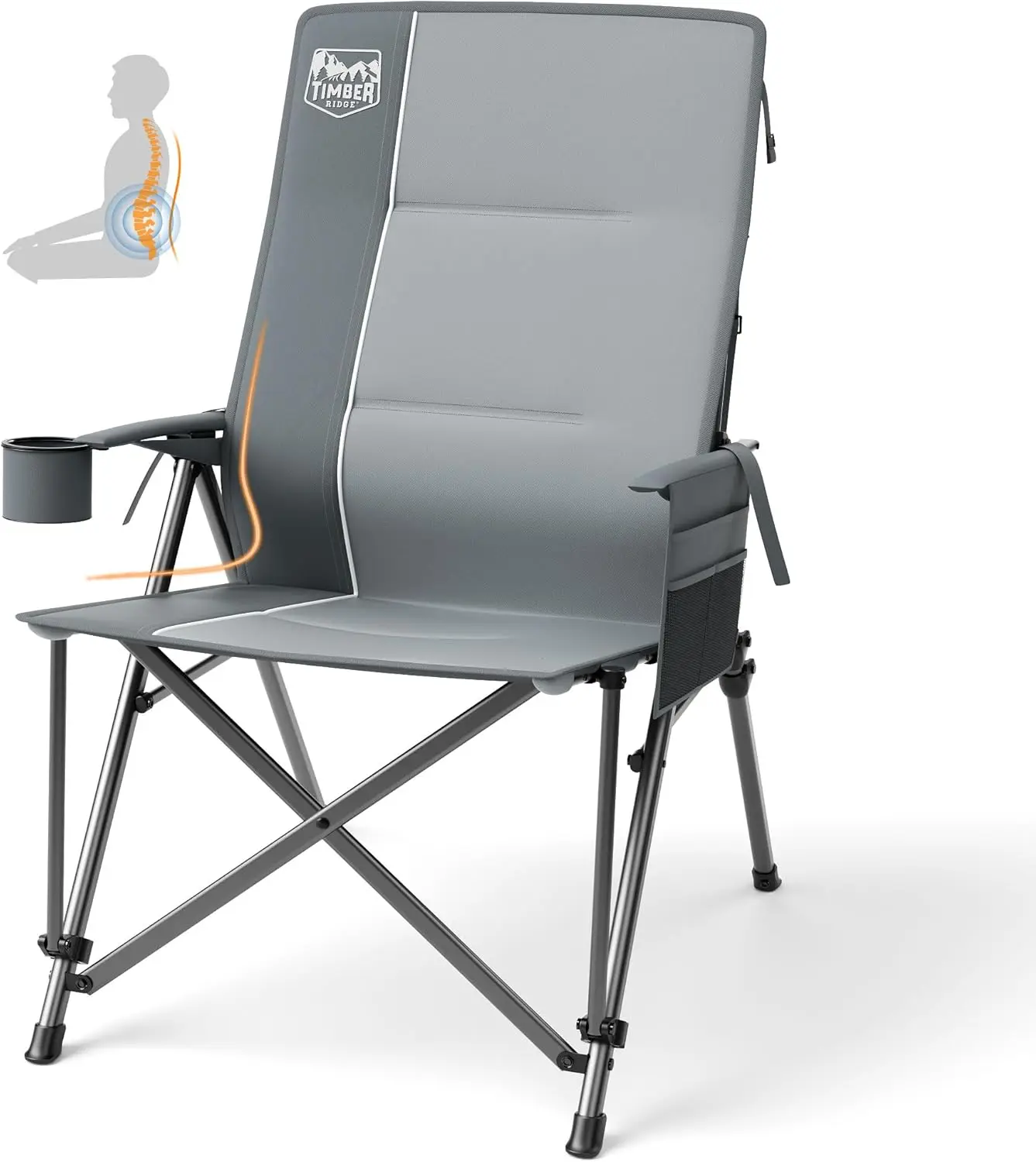 

Негабаритное походное кресло с поясничной опорой, сверхпрочное складное кресло для взрослых, 450 фунтов, высокая спинка, подстаканник, боковой карман -