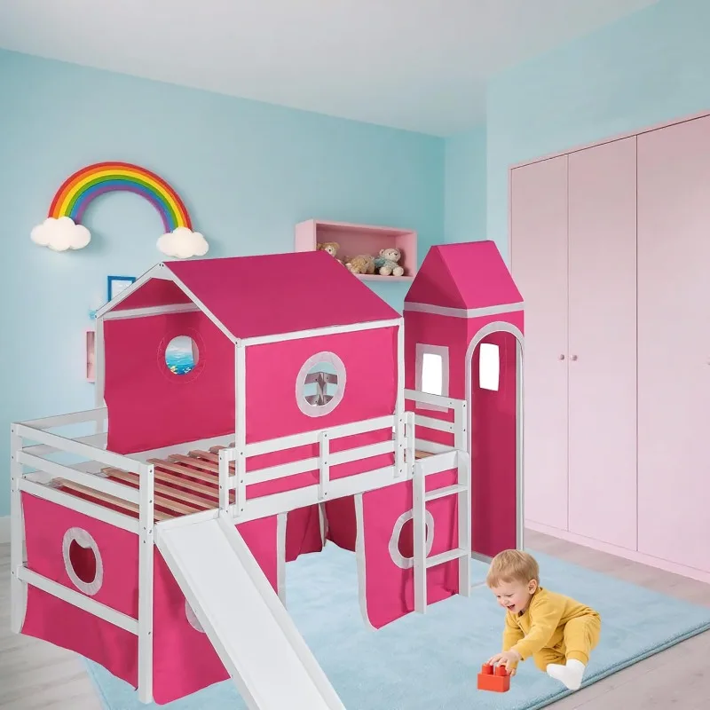 Twin-Size Kids Loft Bed with Slide, Pink Tent & Tower, Toddler Playhouse, Wooden Loft Bed with Guardrail, Fun Under-Bed P
