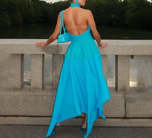 

Womens Dresses 2025 Spring Summer New Solid Color Sleeveless Hanging Neck Sexy Backless High Waist Irregular Hem Casual Dress