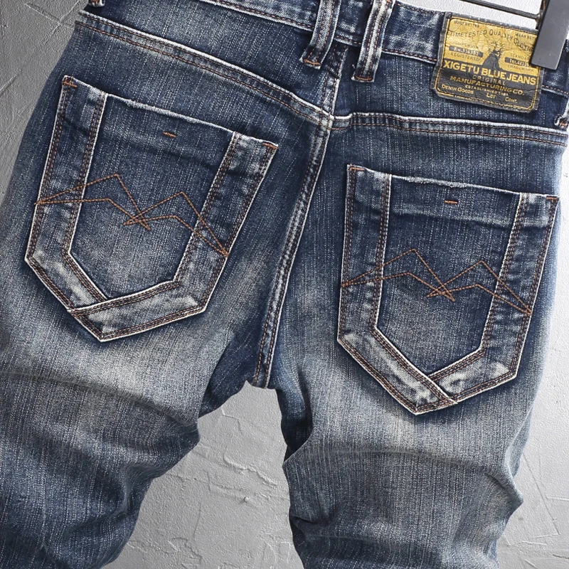 Jeans rasgado de estiramento fino masculino, designer de bordados, calça jeans vintage, moda de rua retrô, preto e azul