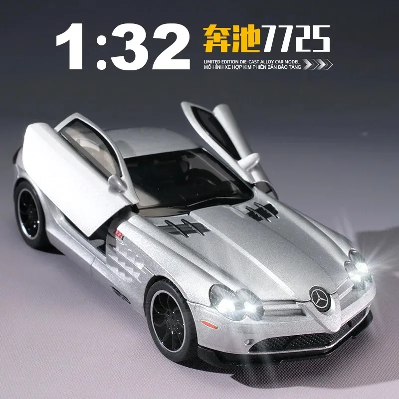 

1:32 SLR 772S Car Model Toy Alloy Body Rubber Tires Diecast Supercar Models Doors Opened Sound Light Kids Toys Gifts