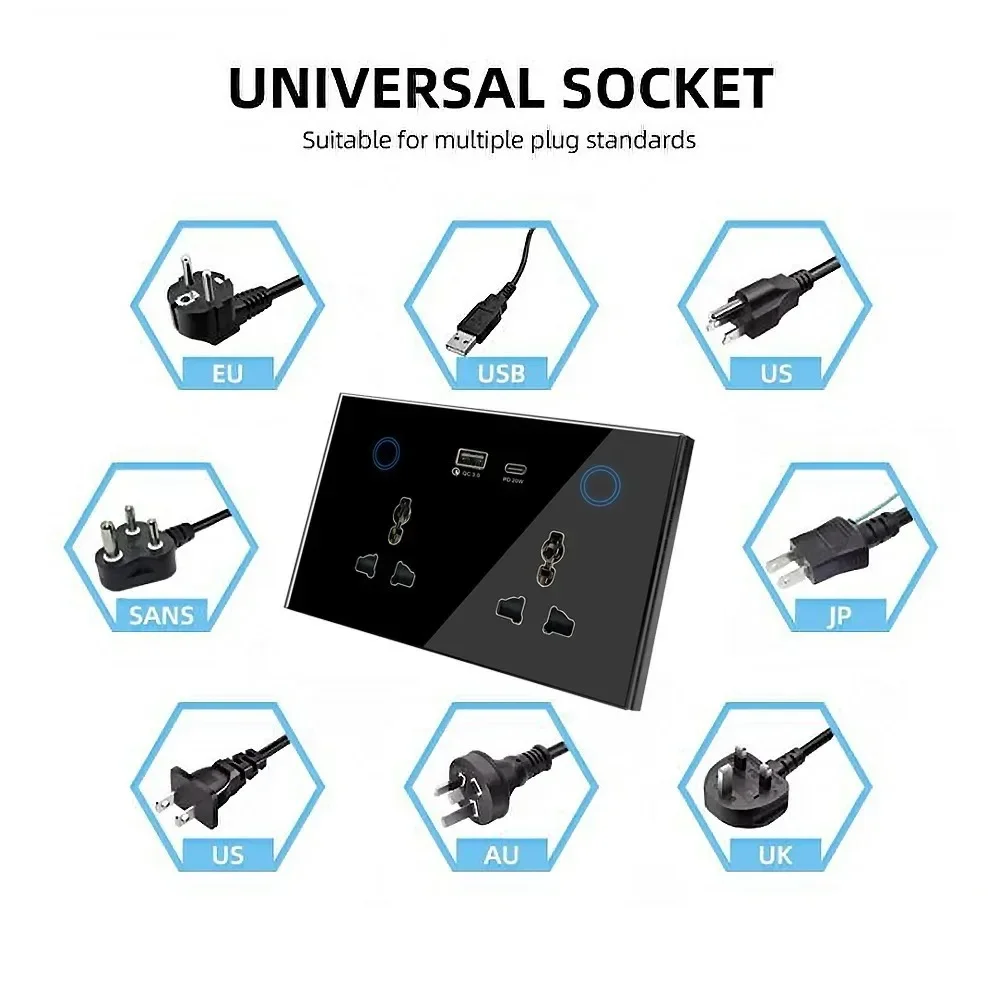 Tomada Elétrica Universal, Power Touch Switch, Sem Fio, Tuya, WiFi, Smart Life, USB, Tipo C, Tomada, Alexa, Google Home