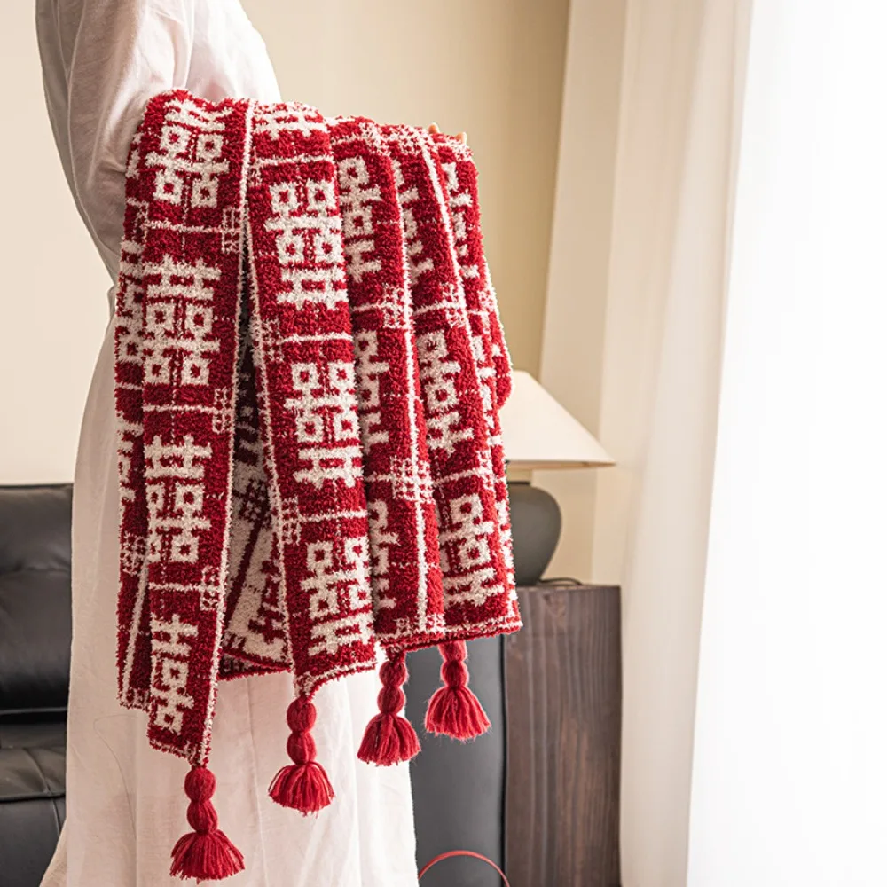Red Half-edge Velvet Festive Blessing Printed Blanket with Tassels Wedding Gift Festive Bride Gift Warm Plush Nap Shawl Blanket