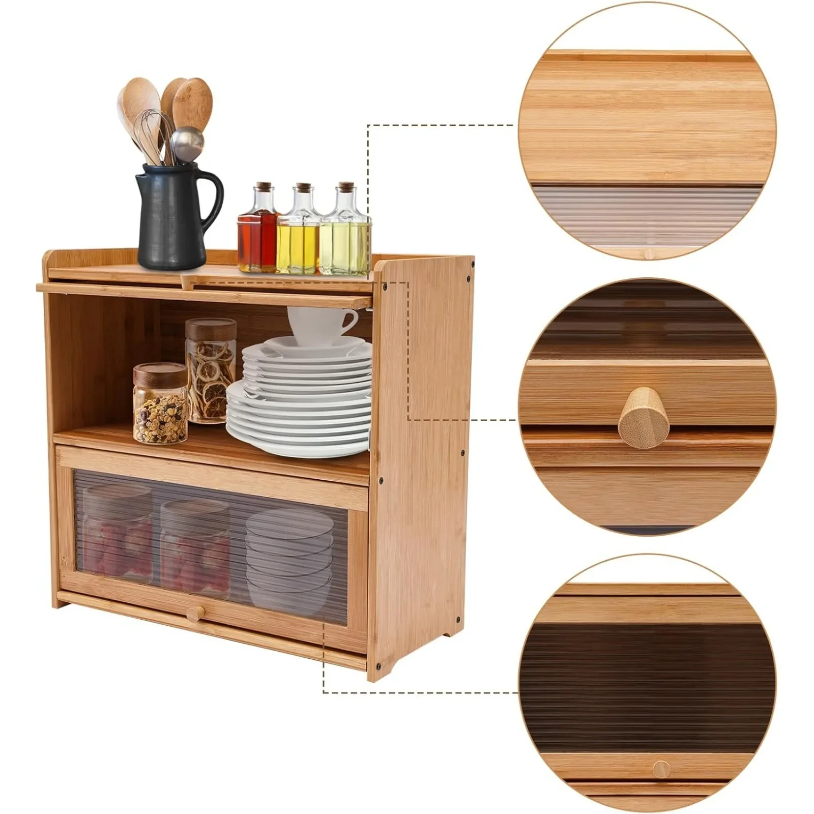

2-Tier Bamboo Storage Cabinet, Kitchen Sideboard Storage Cabinet with 2 Sliding Striped Acrylic Doors for Condiments Dish Bowls