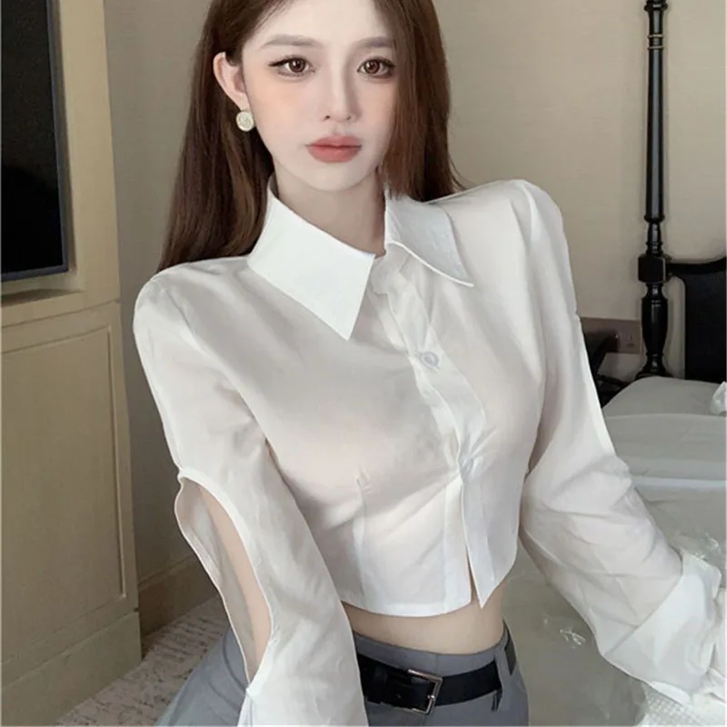 

Korean Style White Cropped Shirts Women Streetwear Sexy Hollow Out Long Sleeve Blouse Ladies New All-Match Slimming Crop Tops