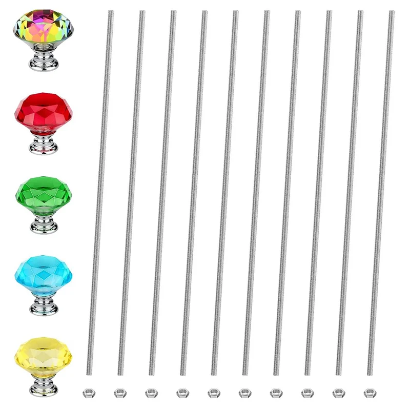 8/32 Threaded Rods for Beads with Crystal Knobs, 10Pcs Threaded Rod 12 Inch with 10Pcs Hex Nuts and 5Pcs Knobs