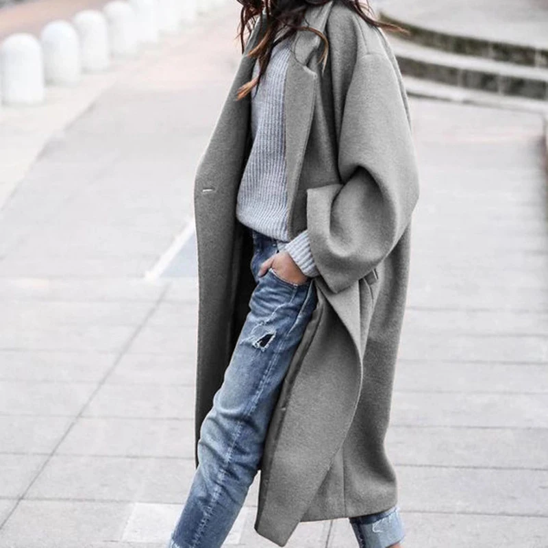 OMSJ Women Woollen Trench Overcoat Turn-Down Collar Fashion Temperament Female Vintage Long Loose Jackets Streetwear Office Lady