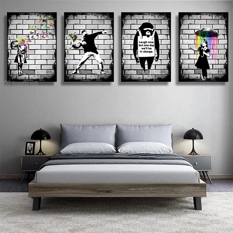 Banksy Street Art Canvas Painting Banksy Butterfly Girl,Throwing Flowers,Monkey Laugh Now Posters Cuadros Wall Art Home Decor