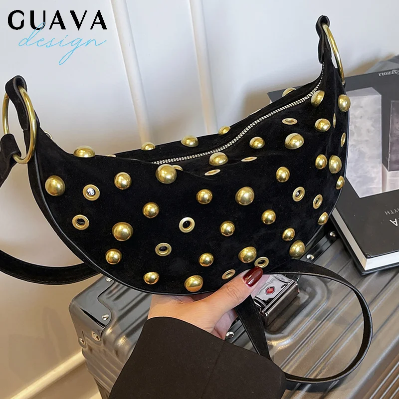 

Винтажные тонкие сумки в форме полумесяца из искусственной замши для женщин, роскошные дизайнерские сумки, кошельки, новые полые маленькие сумки с заклепками на плечо под мышками