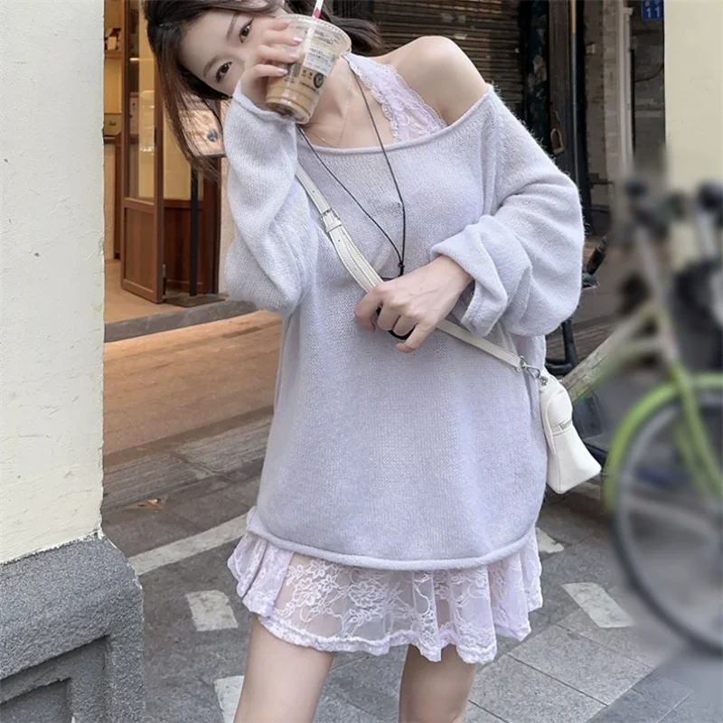 New Spring Fashion Sweater Women 2 Pieces Sexy Sheer Halter Mini Dress&Oversize Knit Thin Pullover Shirt Chic 2pc Matching Suits