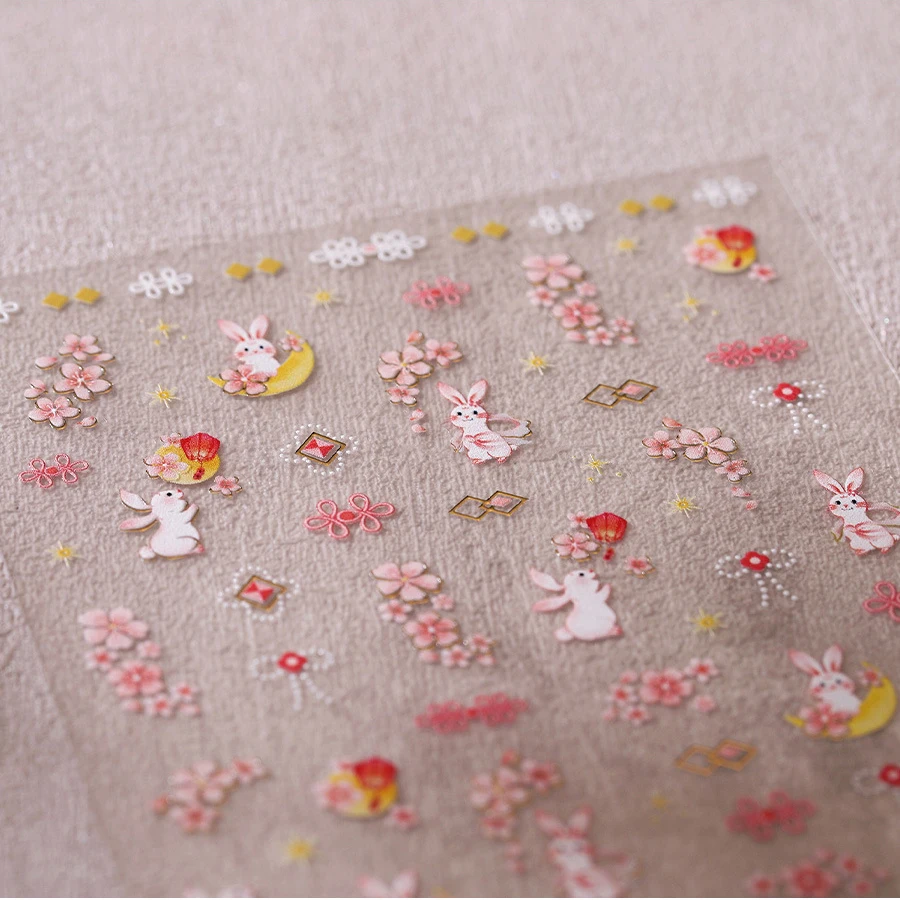 Rabbit Bunny Moon Flower Lantern Peach Blossom Star Bowknot Self Adhesive Nail Art Stickers Rhinestone Delicate Manicure Decals