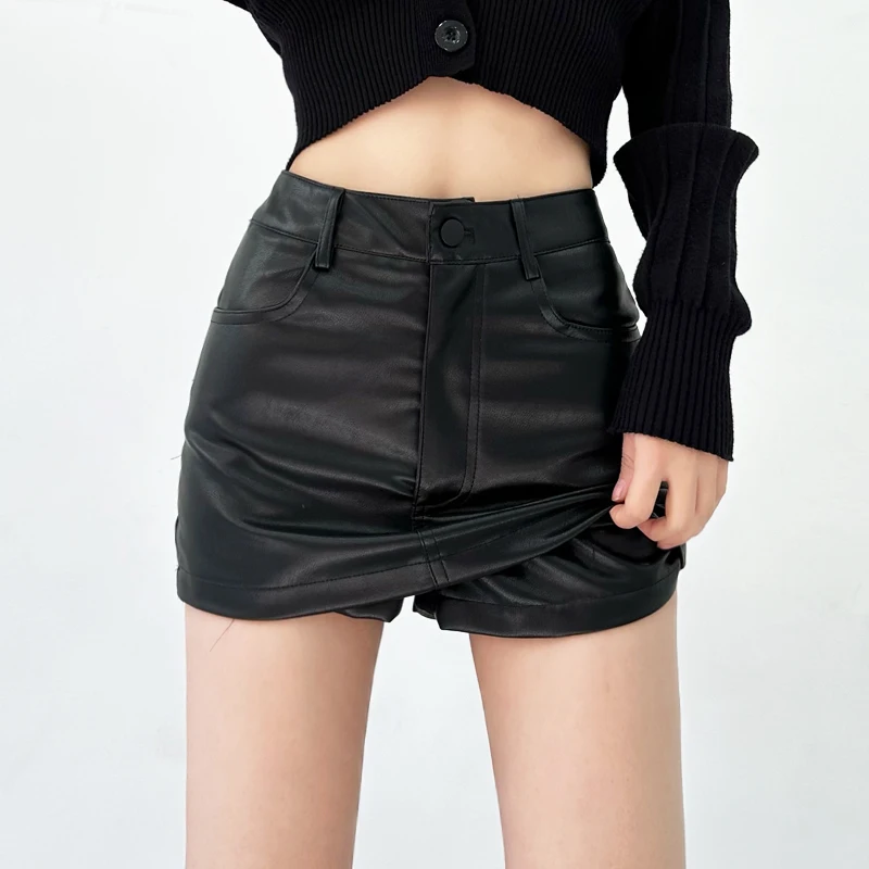 

Black PU Leather Mini Skirt Female Summer High Waist Sexy Shorts Gothic Y2K Streetwear Hot Girl Shorts