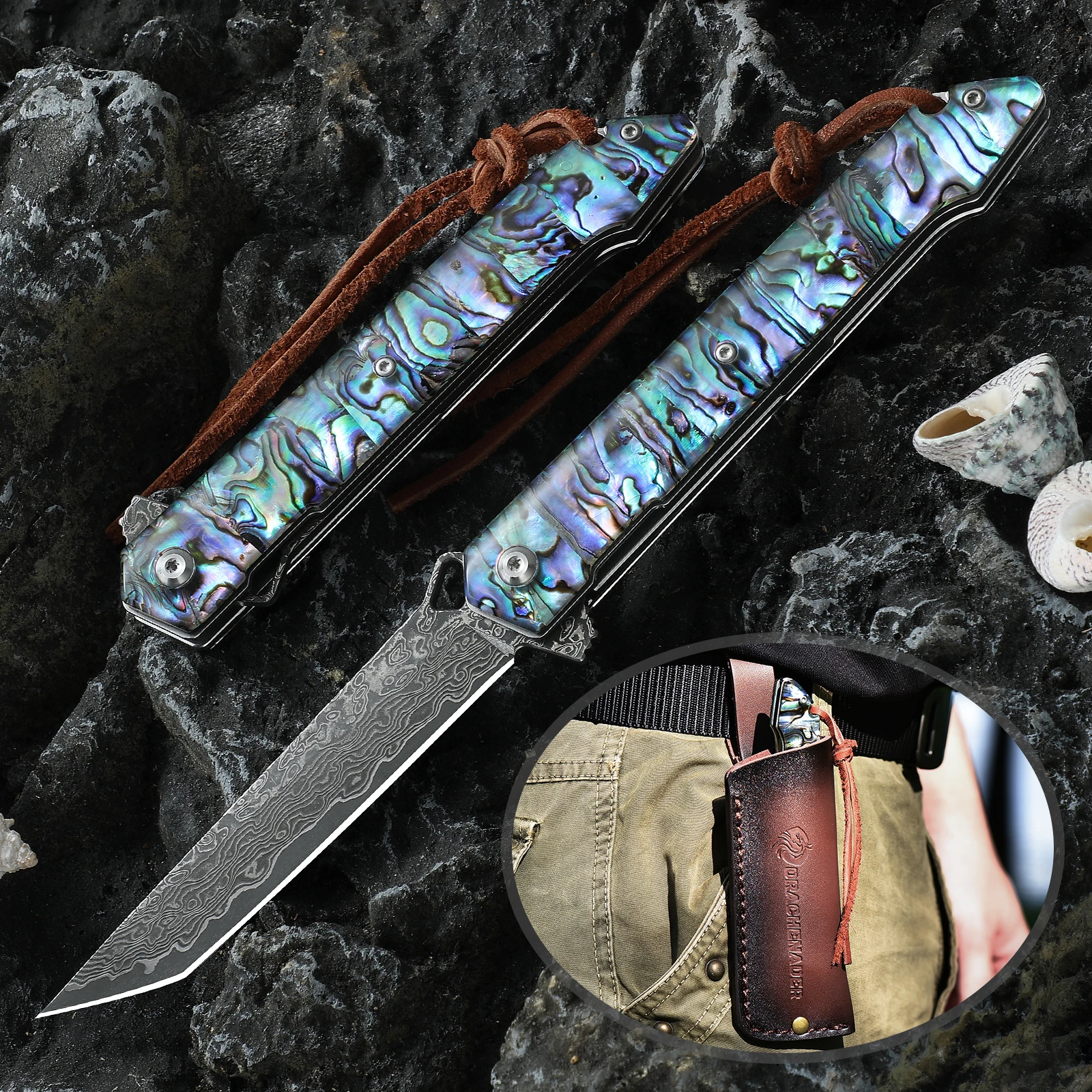 Damascus Tanto Folding Knife VG10 Core 67-Layer with Abalone Seashell Handle and Real Leather Sheath EDC camping Pocket Knife