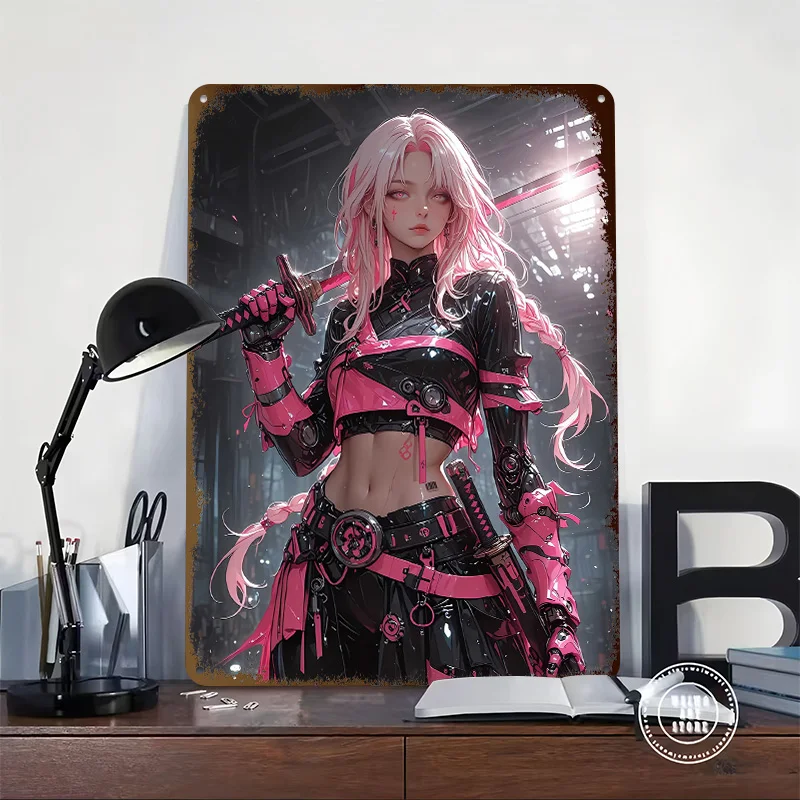 Cyberpunk Pink-Haired Warrior With Katana Metal Poster Customized Wall Art Retro Vintage Tinplate Signs for Man Cave Desk Decor